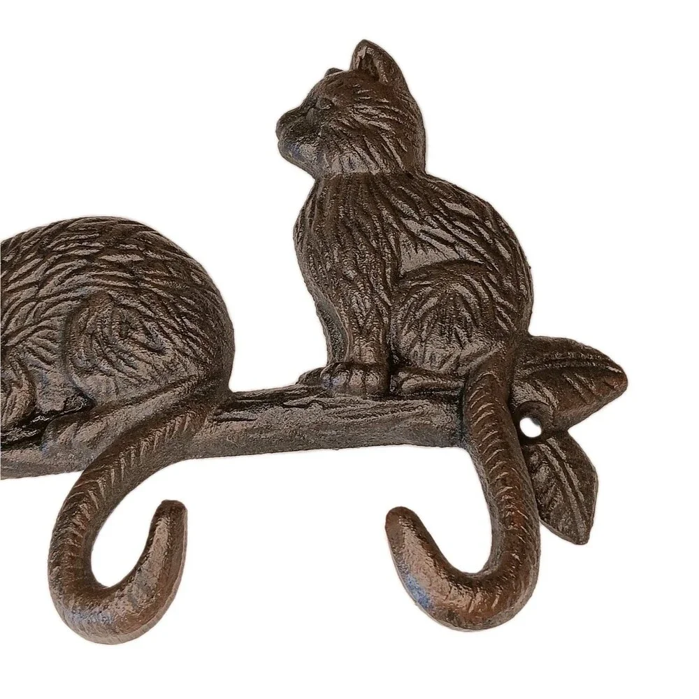 Cat Wall Hook Cast Iron Heavy Duty Key Towel Coat Hanger Dark Brown 4 Hooks 13
